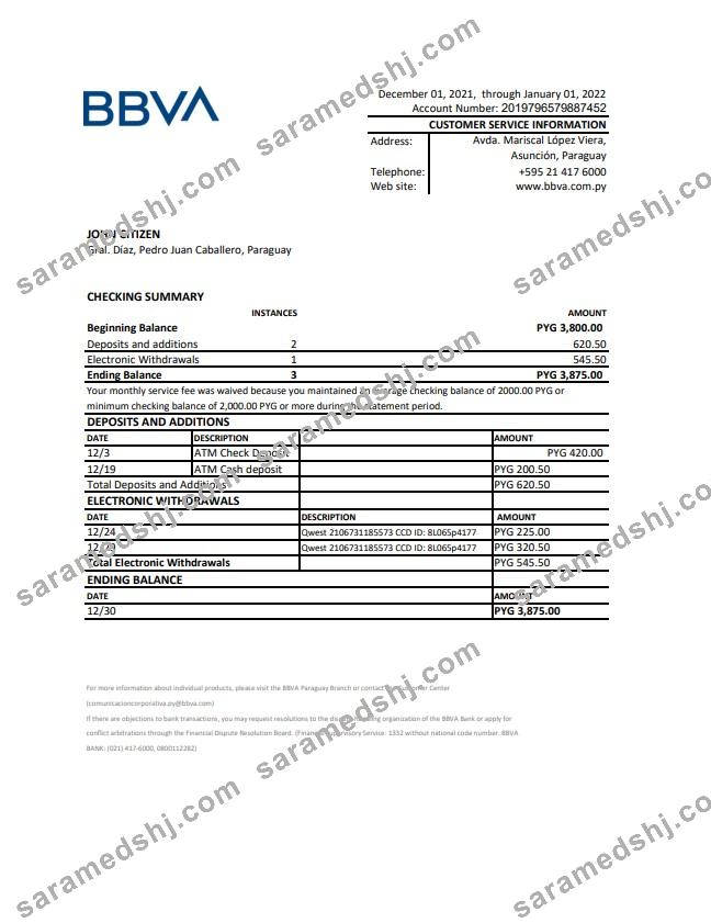 Paraguay BBVA bank statement xls